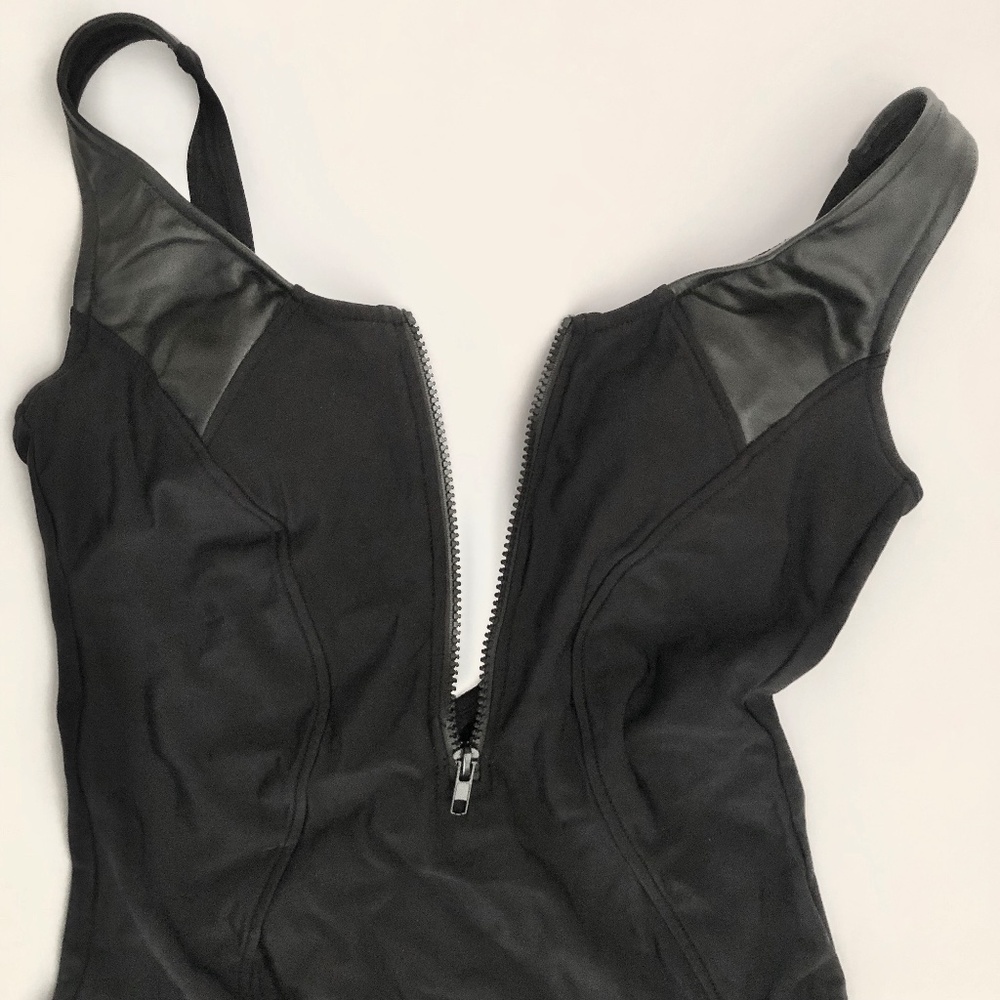Black Faux Leather, Front Zippered Swim Suit